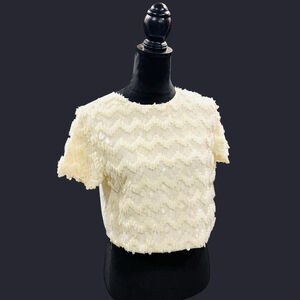 Ivory Textured Sequin Fringe Crop Top M Boho Bridal Festival Party Bridal Fairy